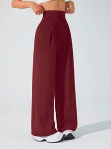 Lifespree Women's Solid Color High Waist Pocketed Pleated Loose Fit Sporty Wide Leg Pants