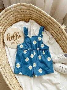 SHEIN Newborn Baby Girls' Floral Pattern Overalls Romper - Blue - View 4