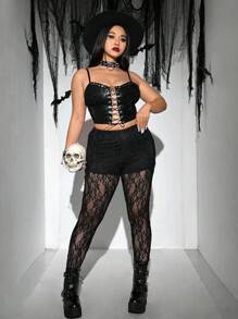 SHEIN LUNE Quần bó eo ren đen co giãn cao cỡ lớn cho nữ, Halloween - màu đen - Xem 6