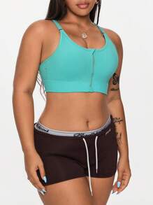 SHEIN Dewbera Women Plus Size Solid Color Spaghetti Strap Criss-Cross Back Sports Bras, Minimalist Design - Green - View 5