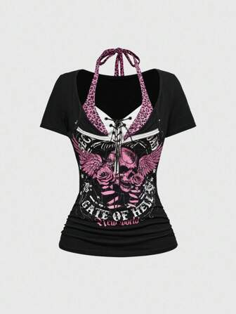 Punk Cross Skull Print Festival 2 In 1 Leopard Patchwork Tight Women T-Shirt