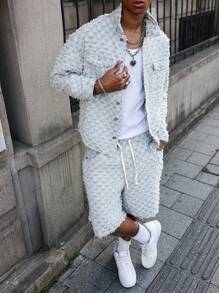 PAVTROS Men's Long Sleeve Frayed Single-Breasted Denim Jacket And Denim Shorts Casual Suit Going Out Hang Out Commute Street Party, Fall Clothes - Multicolor - View 7