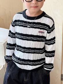 SHEIN 男童日常休闲黑白条纹套头毛衣 - 黑與白 - 查看 6