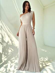 Firerie 女式卡其色斜肩不对称褶皱长款连体裤，优雅日常通勤连体裤，卡其色连体裤，宽松腿部连体裤，春夏装，通勤，优雅，工作服，职业装 - 卡其色 - 查看 2