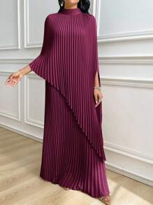 Modelyn 女士纯色立领蝙蝠袖褶皱宽松优雅长裙 - 紫色 - 查看 6