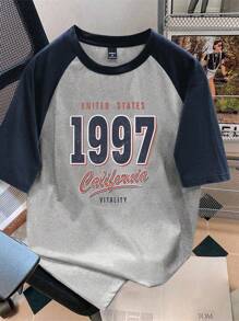 Manfinity Joysei 男士海军蓝与浅花灰撞色插肩袖 T 恤