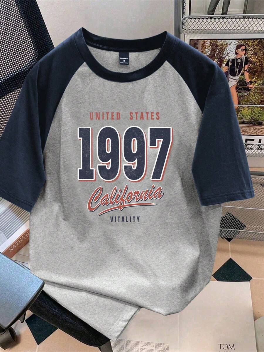 Manfinity Joysei 男士海军蓝与浅花灰撞色插肩袖 T 恤