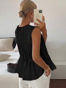 DAZY 女式设计系带亚麻褶皱无袖休闲衬衫秋季 - 黑色 - 查看 2