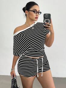 POPSWAY Bộ đồ hở vai kẻ sọc gợi cảm & quần short rút dây thường ngày, trang phục mùa hè cho phụ nữ - Đen và trắng - Xem 5