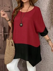 EMERY ROSE Blus Wanita Ukuran Besar Warna Burgundy dengan Jahitan Kontras, Kemeja Kasual Elegan Musim Gugur, Leher Bulat, Lengan Pendek, Longgar, Hem Asimetris, Belahan Samping, untuk Sehari-hari - Merah - View 4