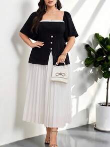 Modelyn Vestido de manga corta con cuello cuadrado de unicolor para tallas grandes, moda de verano - Blanco y Negro - Ver 3