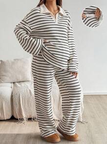 SHEIN Autumn And Winter 2pcs Maternity Casual Striped Loose Batwing Long Sleeve Top And Pants Sets