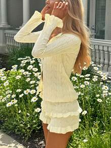 SHEIN EZwear 2pcs Women Set: Solid Butter Yellow Color Single-Breasted Ruffled Trim Cardigan And Knitted Shorts