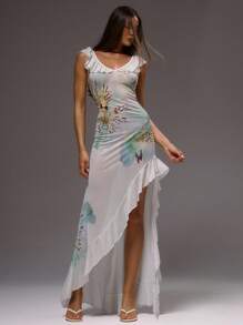 MUSERA 花卉荷叶边不对称下摆花卉长裙，性感夏季伊比沙岛度假可爱度假婚礼宾客之夜优雅约会之夜长裙 - 彩色 - 查看 1