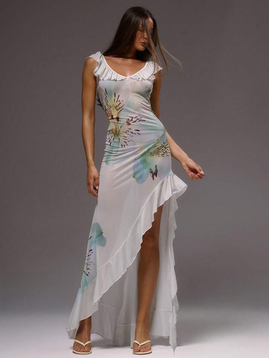 MUSERA 花卉荷叶边不对称下摆花卉长裙，性感夏季伊比沙岛度假可爱度假婚礼宾客之夜优雅约会之夜长裙 - 彩色 - 查看 1