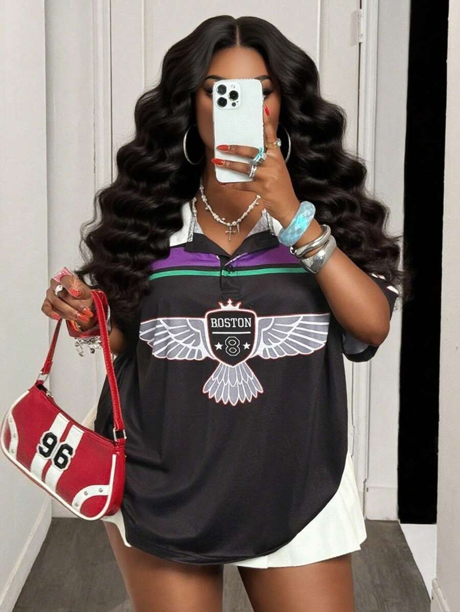 Slaydiva Spring & Summer New Casual Street & Street Sports Logo Print Colorblock Loose Shirt Collar Short Sleeve Regular T-Shirt, Plus Size - Black - View 1
