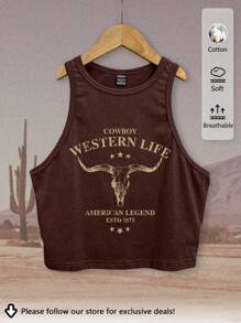 Tseoso Áo ba lỗ cotton bó sát cổ tròn họa tiết cao bồi miền Tây cổ điển, đầu bò và lễ hội âm nhạc, phù hợp cho mùa hè - Cà phê nâu - Xem 2