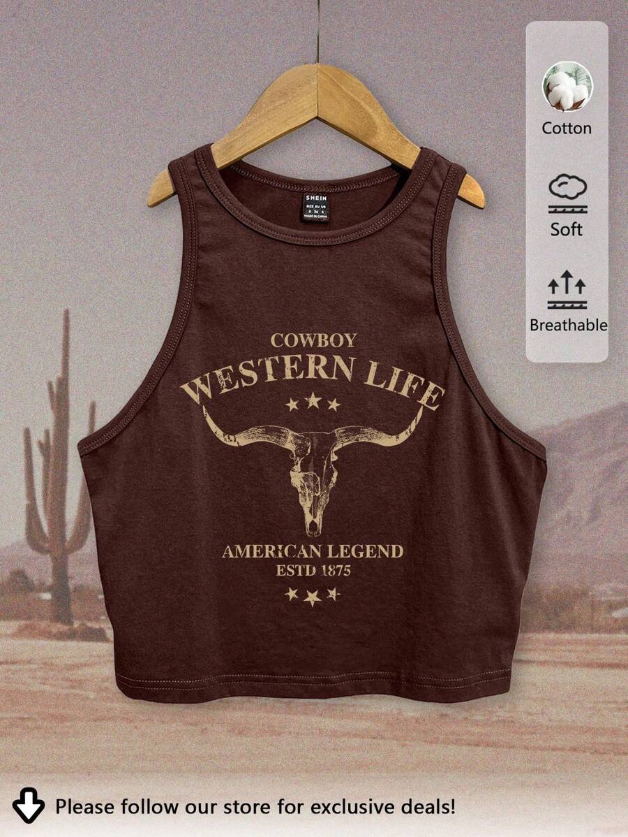 Tseoso Áo ba lỗ cotton bó sát cổ tròn họa tiết cao bồi miền Tây cổ điển, đầu bò và lễ hội âm nhạc, phù hợp cho mùa hè