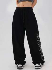 INAWLY 女式字母印花抽绳腰部宽松阔腿运动裤