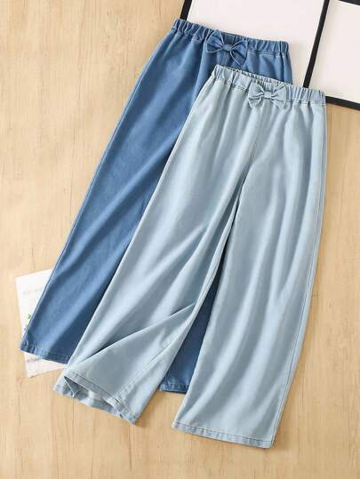 SHEIN Tween Girls 2pc Summer Light Washed Drawstring Waist Wide Leg Casual Jeans Wide Leg Jeans For Daily Wear,Summer Stretchy Waist Comfortable Wide Leg Pants,Girls Summer Beach Boho Vacation Casual Outfits,Rave Concert Festival Outfits , Light/Medium/Dark Blue Denim Casual Straight Leg Pants With Plain Denim Jeans With Comfort Baggy Jeans Jeans With Bow Loose Pants For Girls Back To School Clothes School Uniform For Girls Vacation Wear Fall And Winter Denim Trousers New To Wear To School Wide
