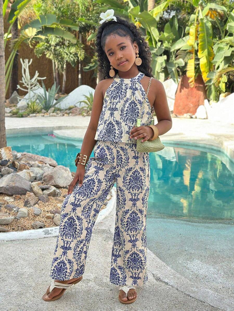 2pcs/Set Girls Beach Holiday Halter Blouse + Wide Leg 3/4 Floral Print Pants - Navy Blue - View 1