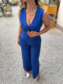 Jeta Ari Bộ vest màu trơn thanh lịch và quần ống rộng - Xanh đậm - Xem 3