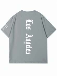 Manfinity LEGND 男士标语图案落肩T恤，2000年代风格 - 灰色 - 查看 3