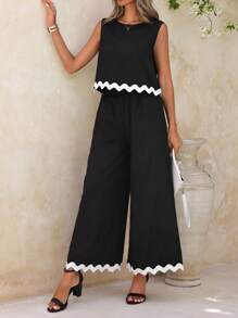 SHEIN Clasi 黑白色賽車背心坦克上衣和寬鬆褲子，帶有彈性腰帶