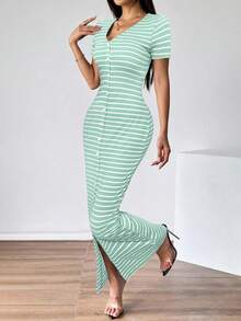 Firerie Vestido de manga corta elegante a rayas para el trabajo diario