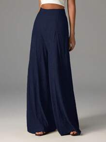Firerie Women's Elegant Casual Textured High Waist Wide Leg Pants - Navy Blue - View 5