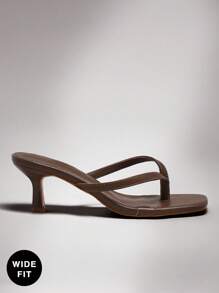 SHUZIA 干净女孩美学宽版方头亮面棕榈印花 PU 深橄榄色高跟人字拖凉鞋 - 高级版加大码款式，适合早午餐到晚宴 - 橄欖綠 - 查看 5