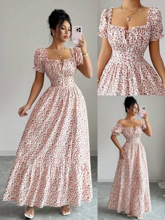 Elenzga ชุดยาวหลังผูกเชือก เอวรัด ปาดหน้าพิมพ์ดิจิทัล สำหรับผู้หญิงใหม่ ที่เรียบหรูและงดงาม เหมาะสำหรับไปเที่ยว วันพิเศษ