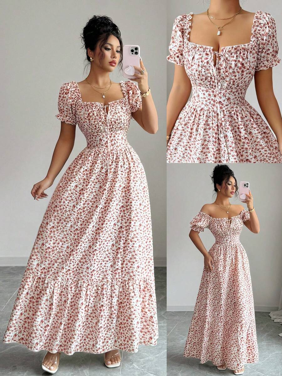 Elenzga 新款女士数码印花褶饰前系带、后系带收腰修身长裙，优雅大方的风格适合度假、约会、精致别致 - 彩色 - 查看 1