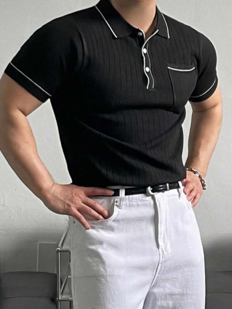 Summer Men's Decorator Line Polo Collar Button Pocket Knitted Shirt, Black