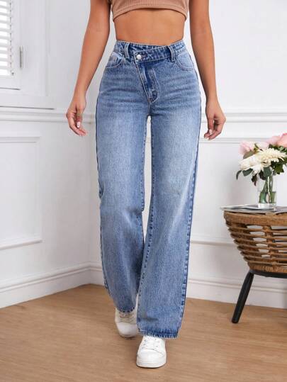SHEIN Tall Casual Washed Asymmetric Waist Straight Leg Jeans