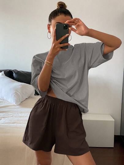 DAZY 2件套女士纯色宽松短袖上衣和短裤家居睡衣套装