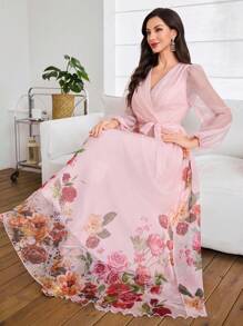 Modelyn Elegant Fitted Floral Bodycon Dress For Women, Slimming & Luxurious - Pink - View 5