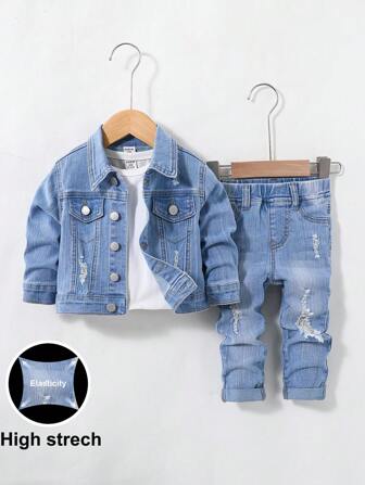 SHEIN 男婴 2 件套休闲破洞翻领长袖牛仔夹克和破洞高弹力紧身蓝色牛仔裤套装，适合秋季服装和户外服装