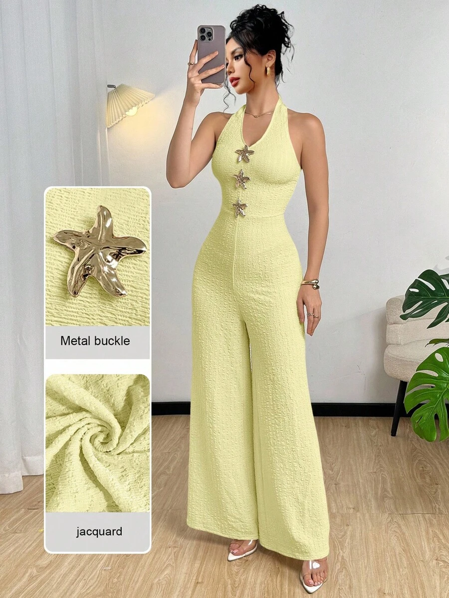 Modelyn Metalschnallen Trägerhemd ohne Ärmel & Jumpsuit mit weitem Bein Set für Damen - Gelb - Übersicht 1