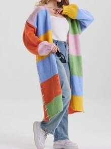 Rainbow Color Block Knit Cardigan, Casual Autumn/Winter - Blue - View 4