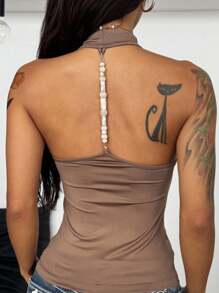 SHEIN x Ludmilla Coolane 女式夏季文艺复兴西部牛仔风 Y2K 女式垂坠领修身露背串珠吊带上衣