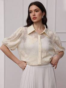 Modelyn Blusa transparente elegante con cuello, bordado de encaje en beige - Albaricoque - Ver 5