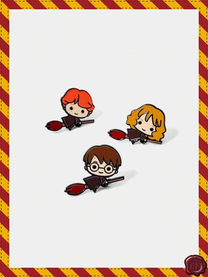 HARRY POTTER X SHEIN 3 件套卡通人物珐琅胸针，创意动漫金属徽章装饰品