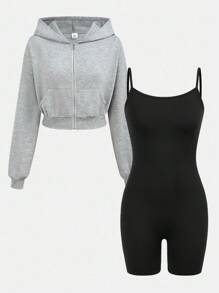 SHEIN 2 件套青少年女孩休闲装：灰色纯色针织套头连帽衫，带口袋，黑色纯色紧身运动连体裤，返校，街头运动休闲运动服 - 彩色 - 查看 11
