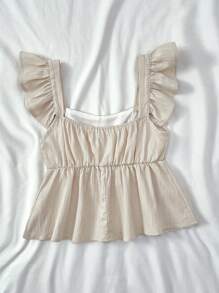 SHEIN TEENGIRL Apricot Spring & Summer Vacation Cap Sleeve A-Line Textured Fabric Shirt, For Music Festival, Bohemian, Holiday, Afternoon Tea Date Babydoll Top Ruffle Top Summer Top Teen Girl Summer Top Cute Summer Top Ruffle Tank Top