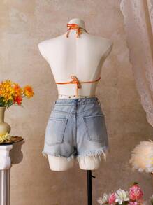 SHEIN Swim Women's Summer Vacation Beach Contrast Color Halter Bikini Top