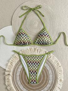 Swim Vcay Women's 2pcs Vacation Beach Contrast Color Tie-Up Halter Neck Bikini Set, Summer