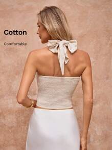 Lavishia Blusa de lino con cuello halter para vacaciones y playa, ropa de verano estilo Y2K para mujer - Albaricoque - Ver 2