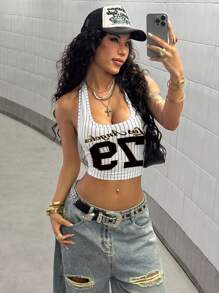 StreetHx 女式条纹字母图案街头风工字背心 - 黑與白 - 查看 4