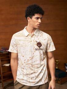HARRY POTTER X SHEIN Men's Casual College Style Full Print Short Sleeve Polo Shirt, Does Not Include Tie - Khaki - View 3